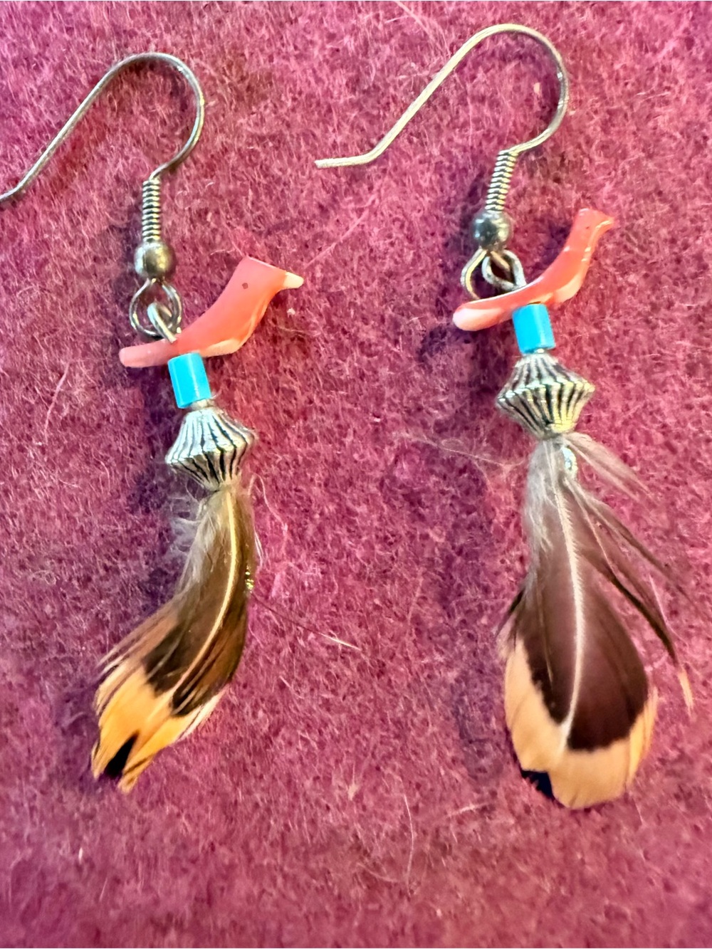 Native artist vintage earrings. Spiny oyster carved birds, silver & blue beads,